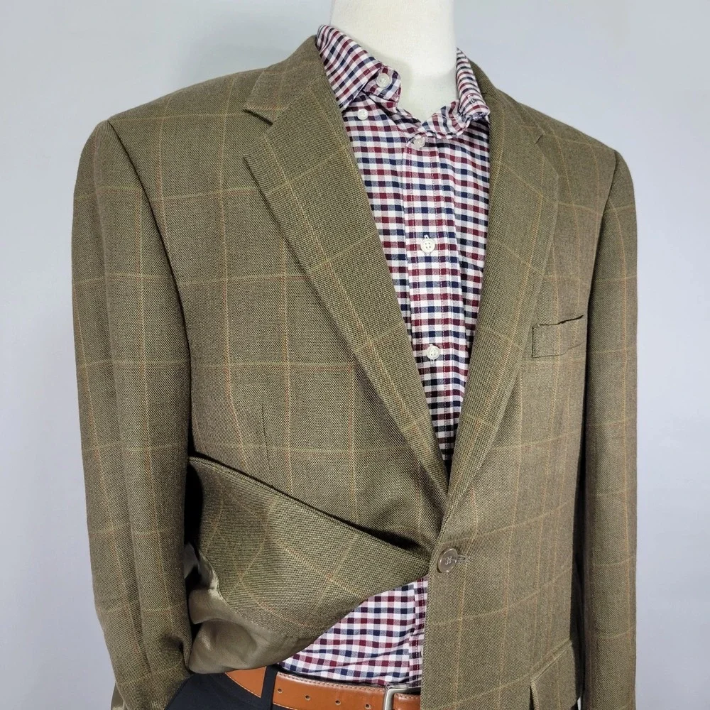 Tasso Elba Men's Sport Coat Blazer Two Button Olive Plaid Silk‎ Camel hair 42L
